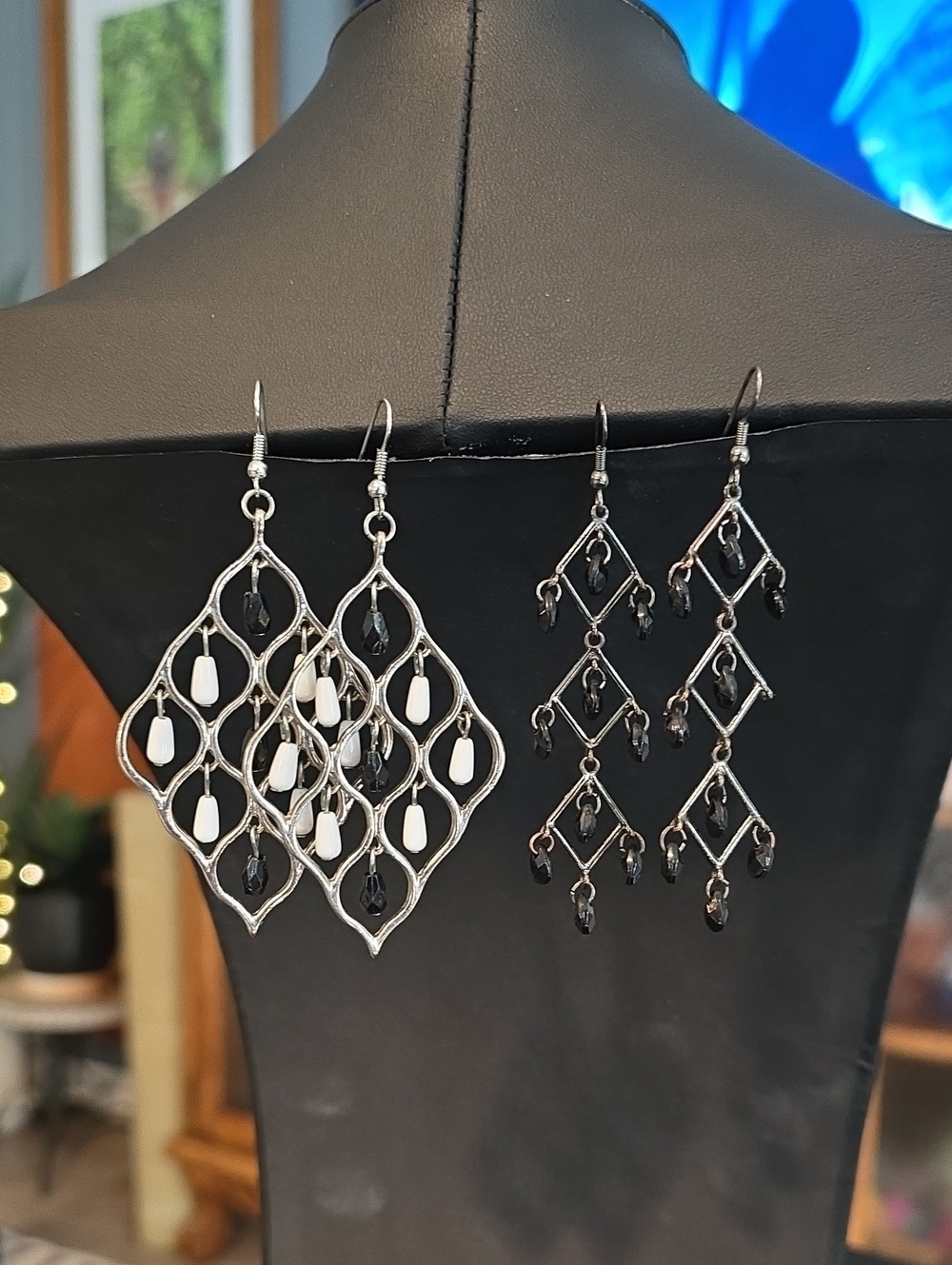 Silver Black and White Dangle Earrings - Elegant Women's Jewelry
